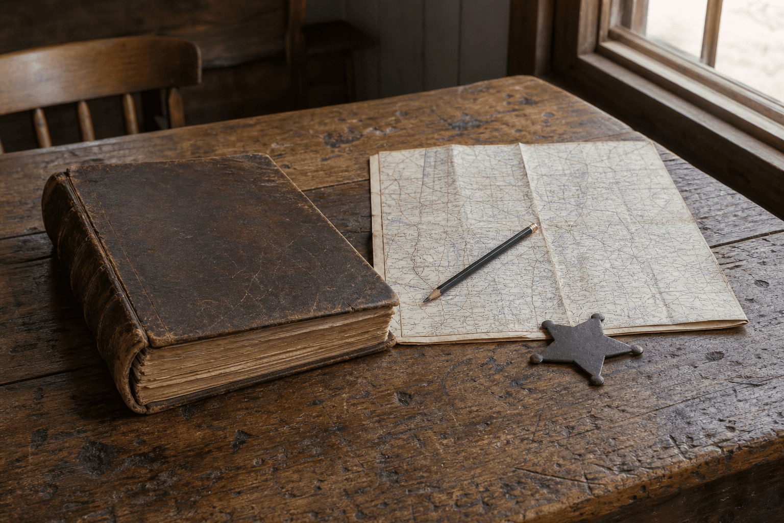 A worn ledger, folded map, pencil, and plain sheriff star on a wooden table